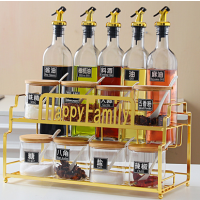 调料盒组合套装收纳家用调味罐子油盐酱醋瓶罐调料品全套厨房用品|透明金色铁架玻璃套装