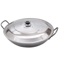 双耳铁锅不锈钢大锅饭店炒锅老式手工圆底加厚印锅无涂层熟铁炒锅|加厚铁双耳锅+不锈钢盖 55cm