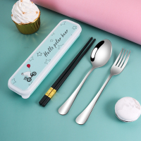 学生筷子勺子套装便携式餐具三件套可爱儿童便携收纳盒叉子单人装S2|勺叉筷-hello绿盒四件套
