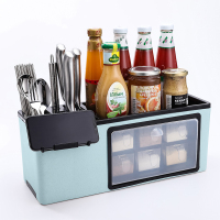 能调料盒置物架调料瓶收纳架调味罐收纳盒调味品厨房用品套装|天空蓝(带防尘盖升级款)