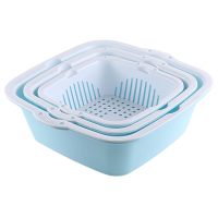 家用厨房菜篮沥水篮果篮塑料北意淘米洗菜菜篮子水果篮N5|[纯色款]3件套方形蓝色(收藏赠洗碗巾)