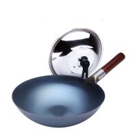 传统手工铁锅家用老式炒菜锅无涂层炒锅圆底不粘锅燃气灶煤气适用J|单锅+盖子(送铲子+洗碗擦) 32CM无耳[2-4人用]