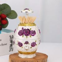 牙签筒手压自动欧式时尚复古档牙签桶创意个性客厅家用牙签盒W0|特价塑料款银白紫花