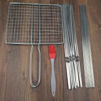 不锈钢扁签加厚 户外烧烤针羊肉串烤肉签子烧烤签铁签家用烧烤叉R0|烤鱼夹+40支扁40圆送毛刷