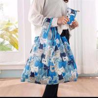 折叠便携手提帆布袋买菜包大容量涤纶布袋市收纳袋L1|M005蓝叠猫 横向小号