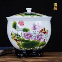 陶瓷米缸厨房储米箱10斤20斤米桶密封腌菜储物罐面缸带盖A4|清荷12斤【送底座+密封圈】