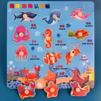 木质字母数字拼图积木英文26个大小写配对卡片儿童2345岁玩具 大号海洋动物认知板