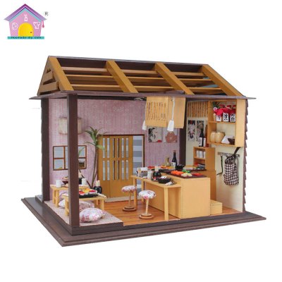 手工房子diy小屋 创意建筑沙盘模型玩具 外贸寿司店带防尘罩