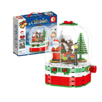 新款圣诞积木新年圣诞八音盒小火车拼装创意礼品儿童玩具 圣诞旋转小屋