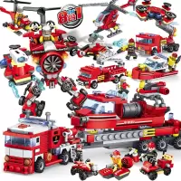 积木城市烈火英雄消防员拼装汽车总局男孩子儿童玩具 消防救援部8个消防员送拆件器