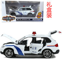 仿真小汽车合金模型车六开宝马警察车特警声光回力开男孩 六开门警车礼盒装白色+送电池+螺丝刀+路标+人偶