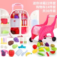 过家家旅行冰箱玩具双开便携式厨房女孩儿童拉杆箱出冰带音乐 多功能小冰箱+14件可切水果购物车(粉)-送电池螺丝刀贴纸