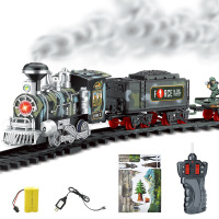 电动冒烟遥控轨道火车遥控变速古典蒸汽火车仿真声音轨道可以冒烟玩具礼盒装 军事款