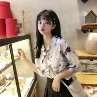 云翔四海韩版学生水墨印花衬衣开衫女装宽松百搭短袖2020春秋新款上衣衬衫
