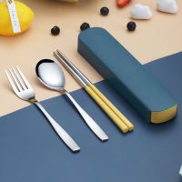 不锈钢筷子勺子套装便携餐具纳丽雅三件套上班族叉子可爱单人学生收纳盒 3件套(黄色)