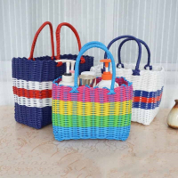 符象手提洗澡篮子浴室编织澡篮塑料编制蓝收纳浴筐购物篮菜篮野餐买菜