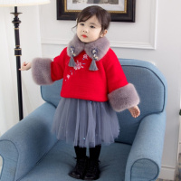 女童加厚年服套装2019新款冬装女宝宝刺绣拜年服中小童唐装两件套