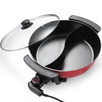 (Vitamer)礼品发鸳鸯电火锅 家用韩式电热锅 6L大容量不粘锅32cm电炒锅 红双喜鸳鸯锅