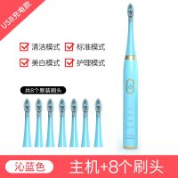 电动牙刷男女成人款USB充电式声波震动儿童自动牙刷软毛防水 蓝色手柄-8刷头+充电线+旅行盒