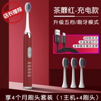 电动牙刷成人软毛充电式防水自动男女学生声波牙刷 茶蘼红5档位+4刷头+USB充电 升级款