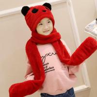 秋冬天男女童儿童围巾帽子手套三件套装一体宝宝加厚护耳帽围脖潮 红色熊猫 大童款(7-13岁)