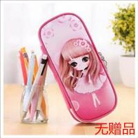 简约大容量pu双层笔袋 铅笔盒创意文具袋 卡通儿童学习用品文具盒 粉裙子