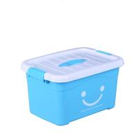 透明手提收纳盒大中小3件套多彩收纳箱收纳盒整理箱塑料玩具箱 天蓝色笑脸新款手提小号:28*20*17厘米