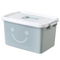 塑料收纳箱透明手提有盖大中小号储物盒食品儿童玩具收纳整理箱 新款加厚-灰蓝色笑脸小号手提无滑轮:27*19*17厘米