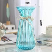 创意玻璃透明花瓶欧式水培绿萝植物花瓶百合富贵竹插花瓶干花摆件 蓝色收腰竖条+英文丝带 大