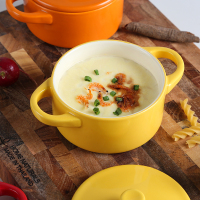 纯色陶瓷蒸鸡蛋羹碗双耳带盖耐高温 炖盅水蒸蛋碗辅食碗烤碗
