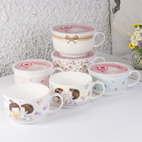 便当盒汤碗微波炉专用碗卡通餐具面碗陶瓷碗带盖泡面碗情侣面杯