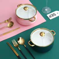 轻奢金边面碗家用陶瓷个性创意双耳带盖一人食汤碗方便面泡面碗