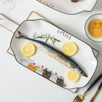 北欧简约创意双耳鱼盘家用微波炉蒸鱼盘子陶瓷猫咪长方形防烫菜盘