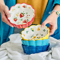 手绘春韵花边陶瓷碗可爱水果沙拉碗草莓碗甜品碗米饭碗汤面碗烤碗