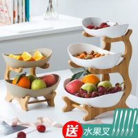 创意双层多层水果盘北欧式陶瓷干果盘竹木架家用寿司盘糖果点心盘