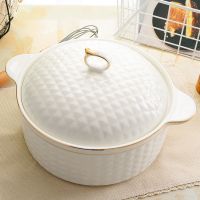 创意带盖陶瓷方格浮雕汤碗家用大号耐高温双耳微波炉盛汤碗盆汤窝