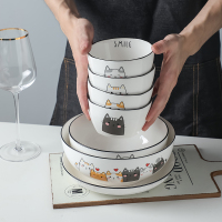 北欧猫咪碗碟套装家用陶瓷米饭碗筷 菜盘子汤碗鱼盘6人食餐具组合