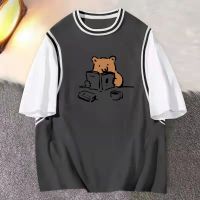 100%纯棉短袖圆领假两件大码T恤200斤百搭2022宽松上衣女夏季潮新