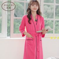 夏季棉质红色薄款睡袍女春秋长袖睡衣晨袍浴袍女中长款家居服