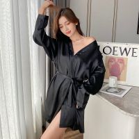 新款大码睡袍女春秋冰丝高端宽松和服网红夏季长袖浴袍丝绸酒店袍
