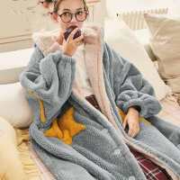 秋冬新款珊瑚绒睡衣女冬休闲星星长款可外穿睡袍女睡裙家居服加厚