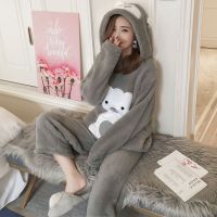 冬季韩版加厚加绒法兰绒睡衣女士珊瑚绒可爱学生款冬天家居服套装