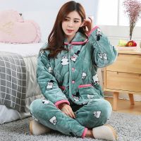 睡衣女冬季新款加厚保暖套装三层夹棉袄法兰绒妈妈款家居服可爱