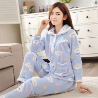 秋冬女士开衫加厚加大秋冬法兰绒睡衣可爱珊瑚绒睡衣套装