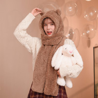 秋冬小熊耳朵围巾帽子一体帽日系可爱甜美羊羔绒保暖围脖女学生冬