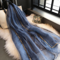 围巾女秋冬韩版百搭纯色真丝羊毛披肩金边钉珠纱巾桑蚕丝丝巾春秋