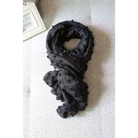 韩版秋纯棉麻长款双面围巾女可爱球球百搭格子全棉围巾披肩焦糖色