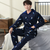 男士冬季三层夹棉睡衣加厚加绒法兰绒休闲保暖大码时尚家居服套装