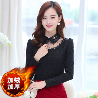 M-5XL 气质蕾丝上衣韩版大码女装蕾丝衫长袖修身加绒保暖打底衫女