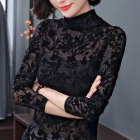 加绒/不加绒 大码蕾丝打底衫女秋冬长袖上衣网纱镂空黑色蕾丝衫女
